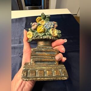 Antique Cast Iron  HEAVY DOOR STOP FLORAL BASKET Painted Cast